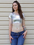Metallic Silver Form-Fitting Short Sleeve Crop Top / Made in USA