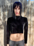 Black Faux Velvet Long Sleeve Crop Top Sweater / Cropped Sweater / Made in USA